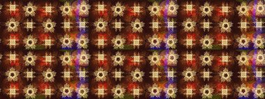 Kar tanelerinin soyut arkaplanlı Noel şablonu. Kahverengi, kırmızı ve sarı kar taneleri. Noel ve yeni yıl moda baskıları için tatil tasarımı. Raster illüstrasyonu.