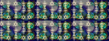 Mavi, gri ve yeşil kar taneleri. Kar tanelerinin soyut arkaplanı olan şirin bir Noel arkaplanı. Raster illüstrasyonu. Renkler. Noel ve Yeni Yıl moda baskıları için tatil tasarımı.