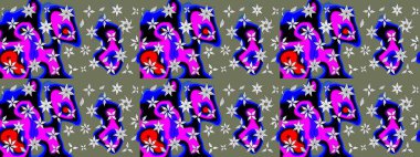 Yeşil ve mavi renkli Asya tekstili. Raster illüstrasyonu. Suluboya çiçekli çiçek deseni.