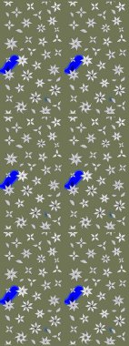 Renkli desenli eskiz deseni, yeşil ve beyaz çiçekler ve dekoratif elementler. Kumaş, tekstil, duvar kağıdı baskısı için. Raster illüstrasyonu. Eskiz geçmişi. Antika retro tarzı.