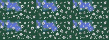 Renkli grunge, koyu yeşil ve mavi çiçeklerle soyut bir arka plan oluşturur. Nakış desenli çiçek deseni. İzler, kumaş, duvar kağıtları, tekstil için raster dokusu.