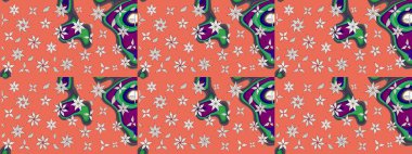 Turuncu ve nötr renklerde Asya tekstili. Raster illüstrasyonu. Suluboya çiçekli çiçek deseni.