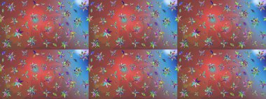 Raster illüstrasyonu. Taslak desenli, modaya uygun kumaş deseni. Düz Çiçek Elementleri Tasarımı. Renkli Bahar Teması eskiz kalıbı. Şirin çiçek elementleri..