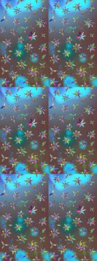 Parmak izi, kumaş, duvar kâğıdı, tekstil için raster dokusu. Renkli grunge, soyut arkaplanı kolomavi çiçeklerle süslüyor. Nakış desenli çiçek deseni..