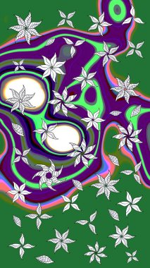 Raster illüstrasyonundaki çiçek desenli çizim. Yeşil renkte çiçekler.