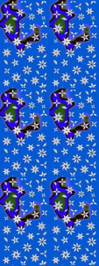 Raster illüstrasyonu. Şirin çiçekli eskiz deseni ve mavi renkli yapraklar, suluboya çiçek deseni, duvar kağıdı, kart veya kumaş için fayanslı.