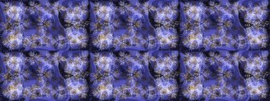 Kar tanelerinin soyut arkaplanlı Noel şablonu. Noel ve yeni yıl moda baskıları için tatil tasarımı. Mor, mavi ve gri kar taneleri. Raster illüstrasyonu.