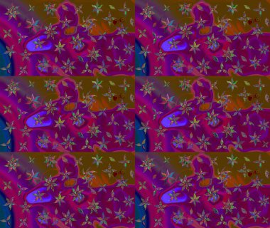 Retro tekstil tasarım koleksiyonu. 1950-1960 motifleri. Mor üstüne mor. Çiçekli ipek eşarp. El çizimi çiçek elementleri ile soyut çizim raster deseni.