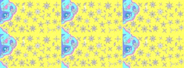 Sabıka fotoğraflarında, bebek kıyafetlerinde, duvar kâğıtlarında, paket kutularında falan kullanılabilir. Zarif, parlak ve eskiz sarı ve mavi çiçek deseni tasarımı.