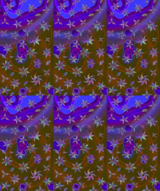 Renkli grunge, soyut arkaplanı colokahverengi çiçeklerle süslüyor. Parmak izi, kumaş, duvar kâğıdı, tekstil için raster dokusu. Nakış desenli çiçek deseni..