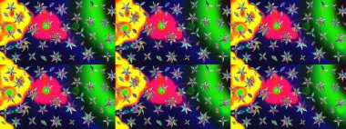 Tekstil için suluboya eskiz deseni. El çizimi çiçek çizimi deseni (fayans). Şirin çiçekli, desenli, yeşil renkli çizim deseni.