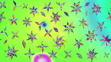 Raster illüstrasyonu. Çiçek ve yapraklı karalama şeklinde Raster çiçek deseni. Yumuşak, yeşil renkte bahar çiçekleri.