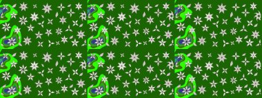 Düz Çiçek Elementleri Tasarımı. Sevimli çiçek raster deseni. Renkli Bahar Teması eskiz kalıbı. Yeşil renkte çiçekler.