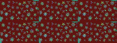 Kırmızı arka planda. Elle çizilmiş çiçek desenli Raster çizimi. Çocuksu tasarım. Tekstil, kumaş, ambalaj, hatıra defteri için güzel çiçek arkaplanı..