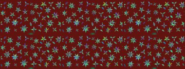 Düz Çiçek Elementleri Tasarımı. Renkli Bahar Teması eskiz kalıbı. Kırmızı renkli şirin çiçek deseni. Raster Modaya uygun kumaş deseni.