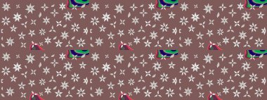 Kahverengi renkte çok kahverengi, zarif küçük çiçekler ve komik böcekler, raster desen, illüstrasyon.