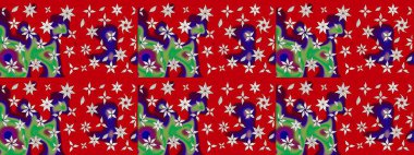 Desen, çizim, çiçek sınırı. Çiçek çelengi. Güzel, parlak, pürüzsüz kumaş, tuval. Kıvırcık, parlak örgü. Eski moda arka plan. Raster illüstrasyonu.