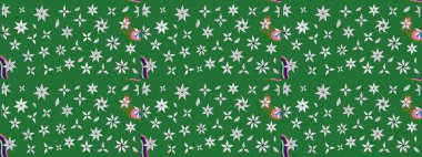 Üzerinde gelincikler ve vadi zambakları olan renkli çiçek desenli nakış deseni. Tekstil tasarımı için yeşil renkli geleneksel halk çiçekleri buketi.