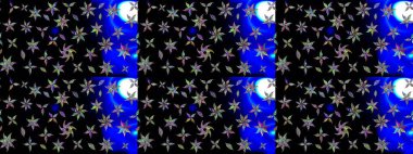 Çok renkli, zarif küçük çiçekler ve siyah renkli komik böcekler, raster desen, illüstrasyon..