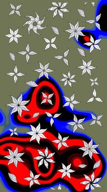 Modern çiçek arkaplanı. Parlak renkli çiçekli ve yeşil yapraklı harika bir çiçek deseni. Moda baskıları için zarif bir şablon. Halk stili.