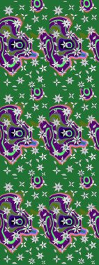 Yeşil ve nötr renklerde etnik çiçeklerle süslenmiş zarif bir eskiz. Asya Tekstil 'inde Raster Çiçek İllüstrasyonu.