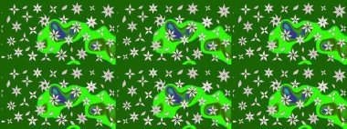 Raster deseni. Patlayan çiçekler soyut olarak yerleştirilmiş. Raster illüstrasyonu. Yumuşak, bahar çiçekleri yeşil ve nötr renklerde.