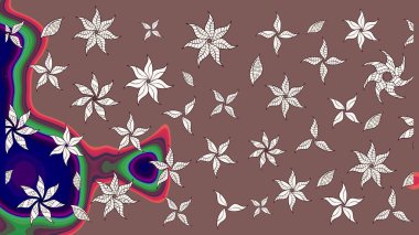 Çocuksu tasarım. Kahverengi arka planda. Tekstil, kumaş, ambalaj, hatıra defteri için hoş bir çiçek arkaplanı. Elle çizilmiş karalama çiçekleri ile Raster çizim deseni.