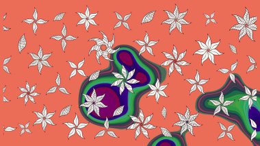 Raster deseni. Bahar çiçekleri dallı desen, turuncu renkler ve çiçek silueti.