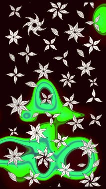 Yumuşak, bahar çiçekleri siyah renklerde. Raster illüstrasyonu. Çiçek ve yapraklı karalama şeklinde Raster çiçek deseni.