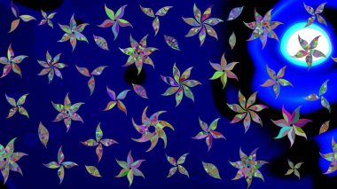 Raster Çiçek İllüstrasyonu güzel tekstil. Mavi renkli etnik çiçeklerle zarif eskiz deseni.