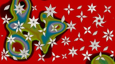 Kibar, bahar çiçekleri kırmızı ve kahverengi renklerde. Yaprak ve çiçeklerin suluboya resimleri, kırmızı ve kahverengi renkler üzerine çizimler. Raster illüstrasyonu.