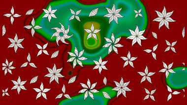 Raster illüstrasyonu. Şirin çiçekli eskiz deseni ve kırmızı ve yeşil renkli yapraklar, suluboya çiçek deseni, duvar kağıdı, kart veya kumaş için fayanslı.