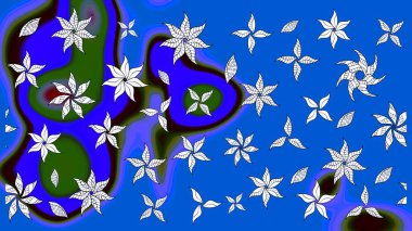 Şirin çiçekli eskiz deseni ve mavi ve nötr renklerde yapraklar, suluboya çiçek deseni, duvar kağıdı, kart ya da kumaş için fayanslı. Raster illüstrasyonu.