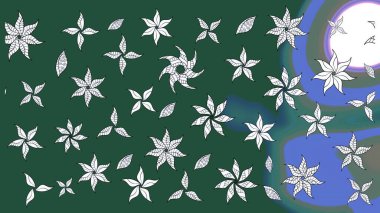 Çiçeksel çizim kalıbının yansıması. Vadinin çiçekleri yeşil ve nötr renklerde.