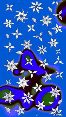 Mavi renklerde. Çiçek buketleriyle klasik bir eskiz şekli. Raster illüstrasyonu.