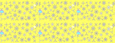 Çok renkli, zarif küçük çiçekler ve sarı renkli komik böcekler, raster desen, illüstrasyon..