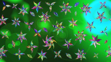 Renkli desenli eskiz deseni, yeşil çiçekler ve dekoratif elementlerle. Raster illüstrasyonu. Eski usul. Kumaş, tekstil, duvar kağıdı baskısı için. Taslak arkaplan.