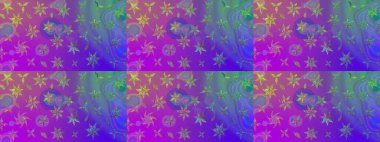 Raster illüstrasyonu. Yaprak ve çiçeklerin suluboya resimleri, menekşe renkleri üzerine çizimler. Yumuşak, bahar çiçekleri menekşe renklerinde.