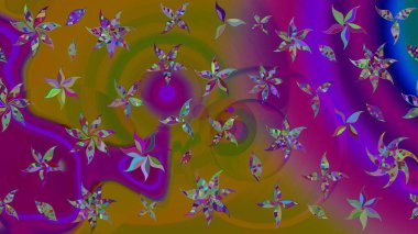 Patlayan çiçekler soyut olarak yerleştirilmiş. Yumuşak, bahar çiçekleri mor renklerde. Raster deseni. Raster illüstrasyonu.