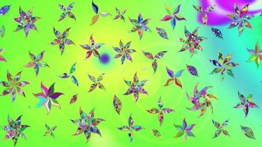 Parlak renkli fantezi çiçekleri, yapraklar, yeşil renkli tomurcuklar. Suluboya el çizimi elementli çiçek çizimi deseni.