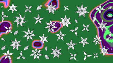 Raster illüstrasyonu. Raster illüstrasyonu. Asya tekstil tarzında. Çiçek desenli çizim. Yeşil renkte çiçekler.