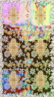 Altın antika ortaçağ dekoratifi, yapraklar ve tarafsız renklerde altın desenli süslemeleri olan dikişsiz bir şablon. Kusursuz kraliyet lüksü, altın barok kumaş rengi..