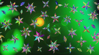 Yeşil yeşile. 1950-1960 motifleri. El çizimi çiçek unsurları olan soyut çizim raster deseni. Çiçekli ipek eşarp. Retro tekstil tasarım koleksiyonu.