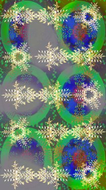 Noel için tatil tasarımı, yeni yıl moda baskıları. Güzel tasarım. Kar tanelerinin soyut arkaplanlı Noel arkaplanı. Raster illüstrasyonu. Yeşil, gri ve mavi kar taneleri.