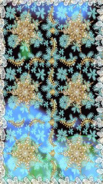 Çizgi sanatı tasarım şablonu için kusursuz sınır. Davetiyeler, kartlar, web sayfası için Raster illüstrasyon. Doğu tarzı element. Altın desenli çiçek dekoru. Mavi renklerdeki altın element.