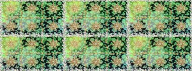 Raster illüstrasyonu. Süslü dekorasyon. Damask altın soyut çiçek yeşil renklerde pürüzsüz desen.