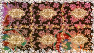 Kahverengi renkler ve altın elementler. Kusursuz altın desen. Çiçek desenli altın metal. Raster altın çiçek süsü brokar kumaş ve cam desenli..