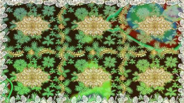 Altın elementli yeşil renkler. Raster illüstrasyonu. Raster altın desen. Doğu tarzı arabesk. Kusursuz altın desenli bukleler..