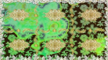 Klasik klasik klasik arka plan. Yeşil renklerde, altın elementlerle kusursuz desen. Kusursuz klasik raster altın desenli. Raster illüstrasyonu. Geleneksel oryantasyon süsü.