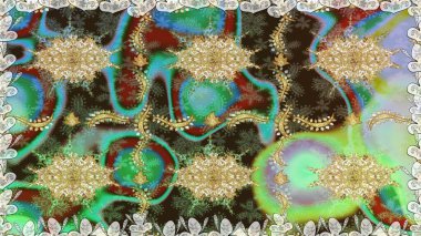 Kusursuz damaske klasik altın desen. Raster illüstrasyonu. Tekrarlayan elementlerle soyut arkaplan oluşturun. Yeşil renklerdeki altın desenli altın elementler.